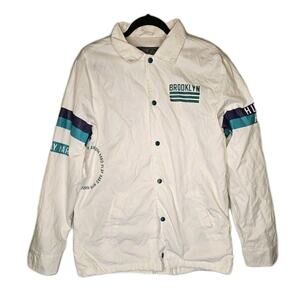 Brooklyn Cloth White Striped Windbreaker Jacket Snap Logo Men's M